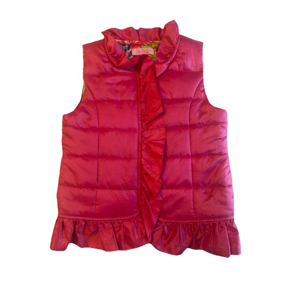 Matilda Jane Girls Puffer Vest Size M 6-7 Pink Ruffle Trim Floral Lined